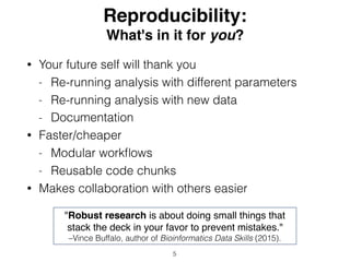 Reproducibility: 
What's in it for you?
• Your future self will thank you
- Re-running analysis with different parameters
- Re-running analysis with new data
- Documentation
• Faster/cheaper
- Modular workﬂows
- Reusable code chunks
• Makes collaboration with others easier
5
"Robust research is about doing small things that
stack the deck in your favor to prevent mistakes."
–Vince Buffalo, author of Bioinformatics Data Skills (2015).
 