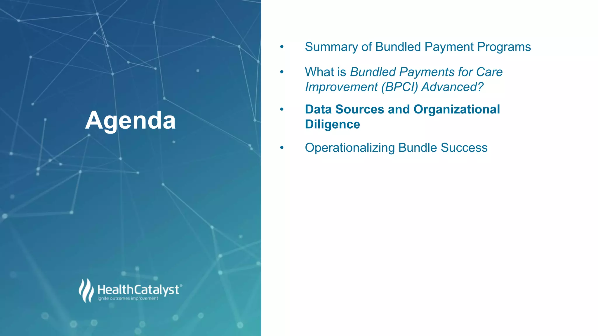 • Summary of Bundled Payment Programs
• What is Bundled Payments for Care
Improvement (BPCI) Advanced?
• Data Sources and Organizational
Diligence
• Operationalizing Bundle Success
Agenda
 