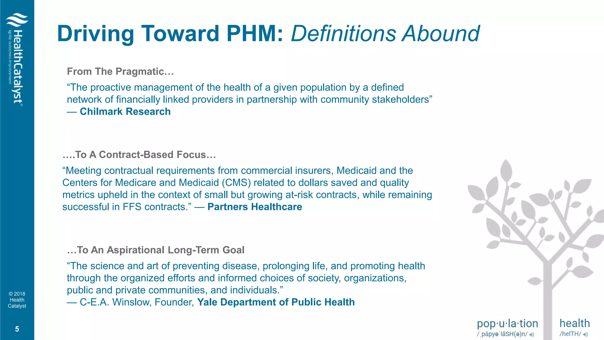 © 2018
Health
Catalyst
Driving Toward PHM: Definitions Abound
5
….To A Contract-Based Focus…
“Meeting contractual requirements from commercial insurers, Medicaid and the
Centers for Medicare and Medicaid (CMS) related to dollars saved and quality
metrics upheld in the context of small but growing at-risk contracts, while remaining
successful in FFS contracts.” — Partners Healthcare
…To An Aspirational Long-Term Goal
“The science and art of preventing disease, prolonging life, and promoting health
through the organized efforts and informed choices of society, organizations,
public and private communities, and individuals.”
— C-E.A. Winslow, Founder, Yale Department of Public Health
From The Pragmatic…
“The proactive management of the health of a given population by a defined
network of financially linked providers in partnership with community stakeholders”
— Chilmark Research
 