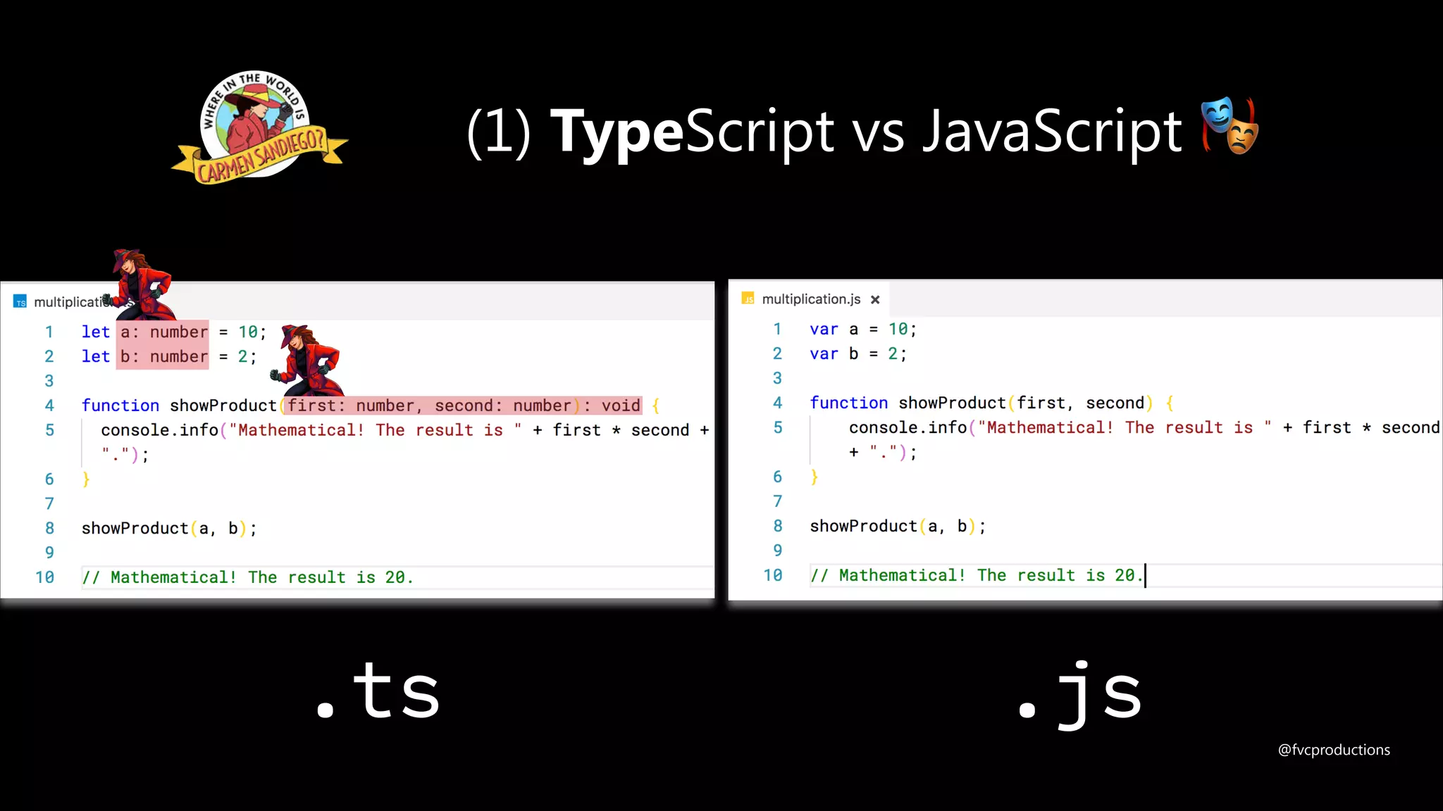 (1) TypeScript vs JavaScript 🎭
.ts .js
@fvcproductions
 