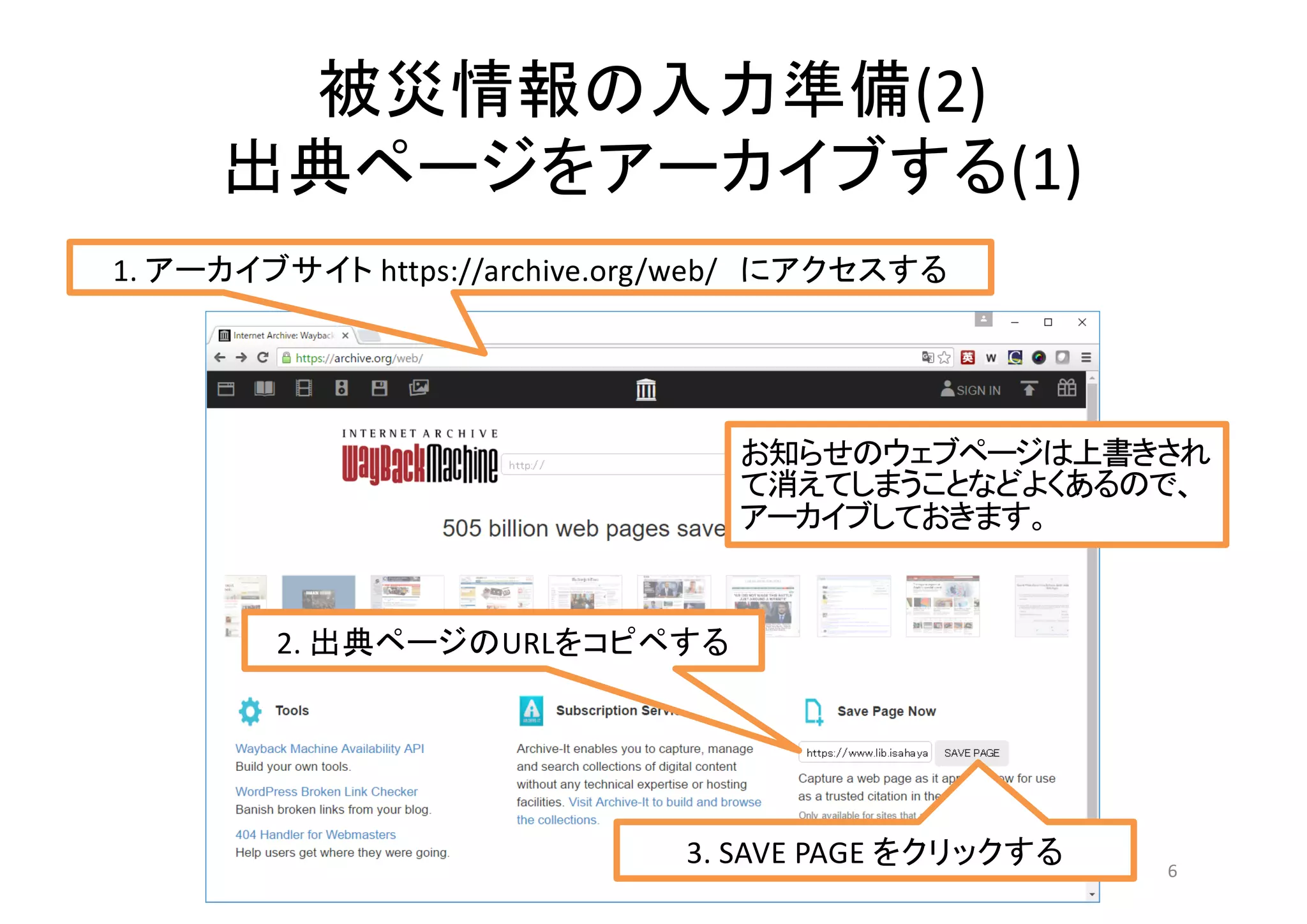 (2)
(1)
6
1. https://archive.org/web/
2. URL
3. SAVE PAGE
 