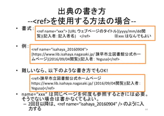 --<ref> --
•
•
• OK!
• name=“xxx”
– 2 <ref name=“isahaya_20160904” />
64
<ref name=“xxx”> [URL ](yyyy/mm/dd
)( ) </ref> xxx
<ref name=“isahaya_20160904”>
[https://www.lib.isahaya.nagasaki.jp/
](2016/09/04 )( Yegusa)</ref>
<ref>
https://www.lib.isahaya.nagasaki.jp/ (2016/09/04 )(
Yegusa)</ref>
 