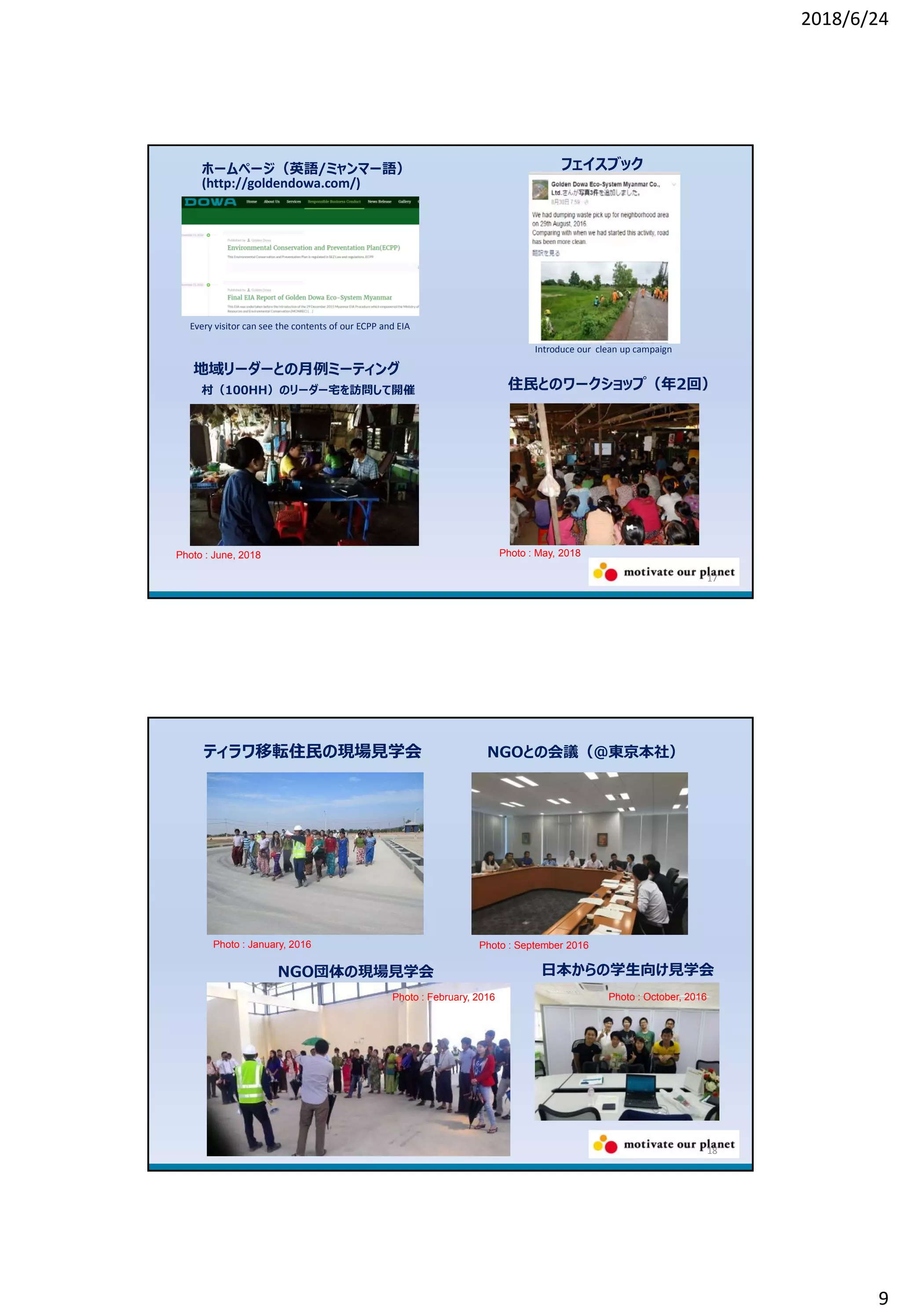 2018/6/24
9
17
ホームページ（英語/ミャンマー語）
(http://goldendowa.com/)
フェイスブック
地域リーダーとの月例ミーティング
村（100HH）のリーダー宅を訪問して開催 住民とのワークショップ（年2回）
Every visitor can see the contents of our ECPP and EIA
Photo : June, 2018 Photo : May, 2018
Introduce our clean up campaign
18
NGOとの会議（＠東京本社）
Photo : January, 2016 Photo : September 2016
NGO団体の現場見学会
Photo : February, 2016
ティラワ移転住民の現場見学会
日本からの学生向け見学会
Photo : October, 2016
 