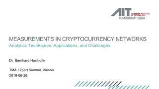 MEASUREMENTS IN CRYPTOCURRENCY NETWORKS
Analytics Techniques, Applications, and Challenges
Dr. Bernhard Haslhofer
TMA Expert Summit, Vienna
2018-06-26
 