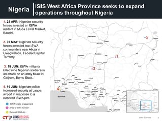 8Jake Barnett
ISIS West Africa Province seeks to expand
operations throughout Nigeria
Nigeria
1. 28 APR: Nigerian security
forces arrested an ISWA
militant in Muda Lawal Market,
Bauchi.
2. 05 MAY: Nigerian security
forces arrested two ISWA
commanders near Abuja in
Gwagwalada, Federal Capital
Territory.
3. 19 JUN: ISWA militants
killed nine Nigerian soldiers in
an attack on an army base in
Gaijram, Borno State.
4. 16 JUN: Nigerian police
increased security at Lagos
airport in response to a
rumored ISWA plot.
1
2
3
4
ISWA kinetic engagement
Arrest of ISWA members
Rumored ISWA plot
 