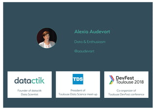 Alexia Audevart
Data & Enthusiasm
@aaudevart
President of
Toulouse Data Science meet-up
Co-organizer of
Toulouse DevFest conference
Founder of datactik
Data Scientist
 