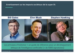 Alexia Audevart – IA & Rêve - CJD© Tous droits réservés - 2018
Avertissement sur les impacts sociétaux de la super IA
Les principes d’Asilomar = un guide de référence pour un développement
éthique de l'intelligence artificielle (+ de 1000 signataires)
 