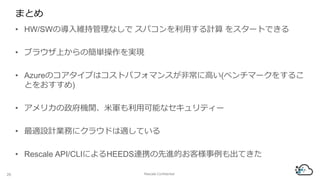 まとめ
• HW/SWの導入維持管理なしで スパコンを利用する計算 をスタートできる
• ブラウザ上からの簡単操作を実現
• Azureのコアタイプはコストパフォマンスが非常に高い(ベンチマークをするこ
とをおすすめ)
• アメリカの政府機関、米軍も利用可能なセキュリティー
• 最適設計業務にクラウドは適している
• Rescale API/CLIによるHEEDS連携の先進的お客様事例も出てきた
26 Rescale Confidential
 