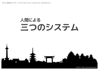 三つのシステム
人間による
NSEG 勉強会 #101 | 2018/06/30(土) GEEKLAB. NAGANOさん
Email is Slack @azumakuniyuki
 