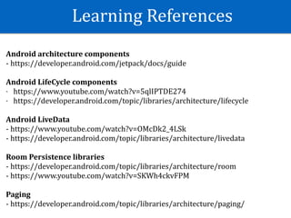 Learning	References
Android	architecture	components	
-	https://developer.android.com/jetpack/docs/guide	
Android	LifeCycle	components	
- https://www.youtube.com/watch?v=5qlIPTDE274	
- https://developer.android.com/topic/libraries/architecture/lifecycle	
Android	LiveData	
-	https://www.youtube.com/watch?v=OMcDk2_4LSk	
-	https://developer.android.com/topic/libraries/architecture/livedata	
Room	Persistence	libraries	
-	https://developer.android.com/topic/libraries/architecture/room	
-	https://www.youtube.com/watch?v=SKWh4ckvFPM	
Paging	
-	https://developer.android.com/topic/libraries/architecture/paging/
 