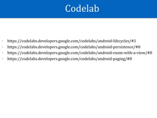 Codelab
- https://codelabs.developers.google.com/codelabs/android-lifecycles/#1	
- https://codelabs.developers.google.com/codelabs/android-persistence/#0	
- https://codelabs.developers.google.com/codelabs/android-room-with-a-view/#0	
- https://codelabs.developers.google.com/codelabs/android-paging/#0
 