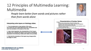 12 Principles of Multimedia Learning:
Multimedia
21
People learn better from words and pictures rather
than from words alone
 