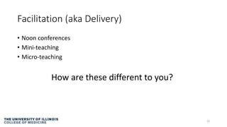 Facilitation (aka Delivery)
• Noon conferences
• Mini-teaching
• Micro-teaching
How are these different to you?
23
 