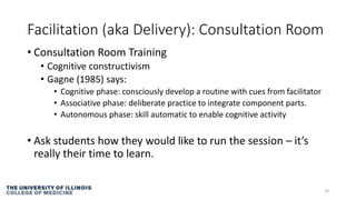 Facilitation (aka Delivery): Consultation Room
• Consultation Room Training
• Cognitive constructivism
• Gagne (1985) says:
• Cognitive phase: consciously develop a routine with cues from facilitator
• Associative phase: deliberate practice to integrate component parts.
• Autonomous phase: skill automatic to enable cognitive activity
• Ask students how they would like to run the session – it’s
really their time to learn.
29
 