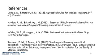 References
Dent, J. A., & Harden, R. M. (2013). A practical guide for medical teachers. (4th
ed). Elsevier.
Harden, R. M., & Laidlaw, J. M. (2012). Essential skills for a medical teacher: An
introduction to teaching and learning in medicine. Elsevier.
Jeffries, W. B., & Huggett, K. N. (2010). An introduction to medical teaching.
New York: Springer.
Kaufman, D. M., & Mann, K. V. (2010). Teaching and learning in medical
education: How theory can inform practice. In T. Swanwick (ed.)., Understanding
medical education: Evidence, theory and practice. Association for the Study of
Medical Education.
35
 