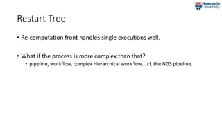 Restart Tree
• Re-computation front handles single executions well.
• What if the process is more complex than that?
• pipeline, workflow, complex hierarchical workflow… cf. the NGS pipeline.
 
