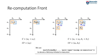 Re-computation Front
We use:
wasInformedBy(..., [prov:type=“recomp:re-execution”])
to denote a ReComp-initiated re-execution.
 
