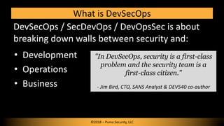 What is DevSecOps
DevSecOps / SecDevOps / DevOpsSec is about
breaking down walls between security and:
• Development
• Operations
• Business
©2018 – Puma Security, LLC
"In DevSecOps, security is a first-class
problem and the security team is a
first-class citizen."
- Jim Bird, CTO, SANS Analyst & DEV540 co-author
 