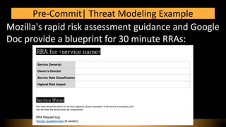 Mozilla's rapid risk assessment guidance and Google
Doc provide a blueprint for 30 minute RRAs:
Pre-Commit| Threat Modelin...