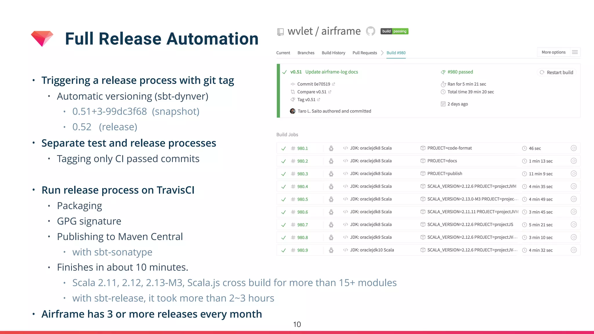 Full Release Automation
• Triggering a release process with git tag
• Automatic versioning (sbt-dynver)
• 0.51+3-99dc3f68 (snapshot)
• 0.52 (release)
• Separate test and release processes
• Tagging only CI passed commits
• Run release process on TravisCI
• Packaging
• GPG signature
• Publishing to Maven Central
• with sbt-sonatype
• Finishes in about 10 minutes.
• Scala 2.11, 2.12, 2.13-M3, Scala.js cross build for more than 15+ modules
• with sbt-release, it took more than 2~3 hours
• Airframe has 3 or more releases every month
10
 