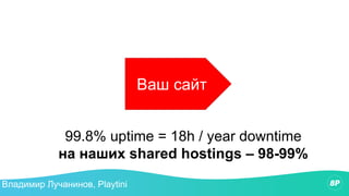 Ваш сайт
99.8% uptime = 18h / year downtime
на наших shared hostings – 98-99%
Владимир Лучанинов, Playtini
 