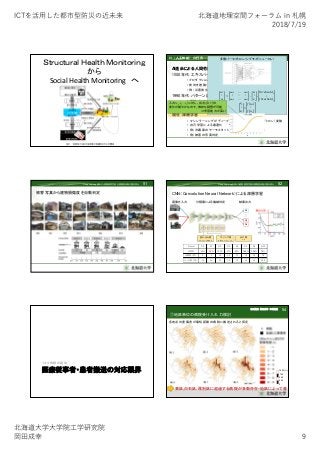 ICTを活⽤した都市型防災の近未来 北海道地理空間フォーラム in 札幌
2018/7/19
北海道⼤学⼤学院⼯学研究院
岡⽥成幸 9
Ｓｔｒｕｃｔｕｒａｌ Ｈｅａｌｔｈ Ｍｏｎｉｔｏｒｉｎｇ
から
Social Health Monitoring へ
AI（人工知能）の行方
1980年代：エキスパートシステム誕生
• プロダクションルール（IF～THEN・・・）によるデータ検索
• 前向き推論（条件→結果推論）と後ろ向き推論（結果→条件推論）
• 例）災害発生時の行政の対応マニュアル
1990年代：パターン認識と機械学習
• 単純パーセプトロン
• 例）地震波形（PGA、PGV、卓越周期、継続時間etc.)から震度を
求める機械学習
現在：深層学習
• マシンラーニングがディープラーニング（多層パーセプトロン）変貌
• 自己学習による最適化
• 例）冷蔵庫のサーモスタット、自宅の冷暖房自動制御
• 例）被害の写真判定
AI進歩による人間労働駆逐のリスクはまだ先の話
多層パーセプトロン（シグモイドニューロン）
𝑢
⋮
𝑢
𝜔 ⋯ 𝜔
⋮ ⋱ ⋮
𝜔 ⋯ 𝜔
·
𝑥
⋮
𝑥
-
𝑡ℎ𝑟𝑒ℎ𝑠𝑜𝑙𝑑
⋮
𝑡ℎ𝑟𝑒𝑠ℎ𝑜𝑙𝑑
𝑧
⋮
𝑧
=
𝑓 𝑢
⋮
𝑓 𝑢
z
u
入力（x1,x2…xi）に対し、出力z［0,1］の
変化が緩やかなので、微妙な調整が可能
⇒学習能力が高い
Deep Learningを用いた建物被害写真の損傷度自動分類の試み
被害写真から建物損傷度を自動判定
51 Deep Learningを用いた建物被害写真の損傷度自動分類の試み 52
CNN（Convolution Neural Network）による深層学習
畳み込み層
平均化による特徴抽出
D5
D0
結果出力画像を入力 分類器による機械判定
D6
プーリング層
画像のダウンサイジング
出力層
判定
・
・・
D-Level D0 D1 D2 D3 D4 D5 D6 全体
正答率 60% 13% 100% 67% 80% 100% 100% 74%
正解数（枚） 9 2 15 10 12 15 15 78
データ数（枚） 15 15 15 15 15 15 15 105
医療従事者・患者搬送の対応限界
リスク情報の提供
①地区単位の病院受け入れ力検討
54
各地点の重傷者が最短距離の病院に搬送されると仮定
0
250
500
750
1000(人)
東区,白石区,厚別区に超過する病院が多数存在・地区によって差
谷川真衣 岡田成幸 中嶋唯貴
 