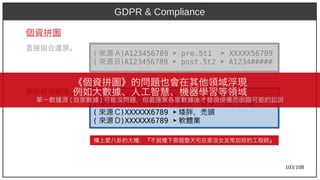 103/108
個資拼圖
直接組合還原。
間接組合聯想。
GDPR & Compliance
樓上愛八卦的大嬸：『不就樓下那個整天宅在家沒女友常加班的工程師』
( 來源 A)A123456789 A123456789 ➤ pre.5t1 ➤ XXXXX56789
( 來源 B)A123456789 A123456789 ➤ post.5t2 ➤ A1234#####
( 來源 A)A123456789 XXXXXX6789 ➤ 台北市信義區松仁路
( 來源 B)A123456789 XXXXXX6789 ➤ 男性，單身， 30-35 歲
( 來源 C)A123456789 XXXXXX6789 ➤ 矮胖，禿頭
( 來源 D)A123456789 XXXXXX6789 ➤ 軟體業
《個資拼圖》的問題也會在其他領域浮現
例如大數據、人工智慧、機器學習等領域
單一數據源 (aka Ant) 自家數據 ) 可能沒問題，但當匯聚各家數據後才發現侵權而面臨可能的訟訴
 