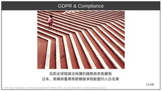 13/108
Credit: https://www.flickr.com/photos/tuncaycoskun/14791817482/ , by https://www.flickr.com/photos/tuncaycoskun/
目前全球個資法保護的趨勢愈來愈嚴格
日本、南韓與臺灣等都積極爭取歐盟列入白名單
GDPR & Compliance
 