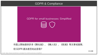 15/108
市面上開始提供許多《簡化版》、《懶人包》、《乾貨》等文章或服務，
但 GDP)2009R 適法是否如此容易？
Credit: https://www.clocktimizer.com/gdpr-for-small-businesses-simplified/
GDPR & Compliance
 