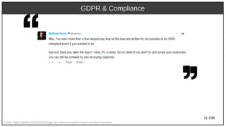 31/108
Credit: https://apility.io/2018/05/25/gdpr-lazy-block-european-users-cloudflare-workers/
GDPR & Compliance
 