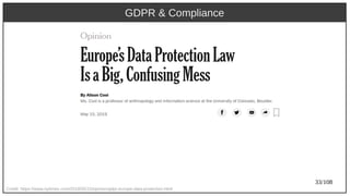 33/108
Credit: https://www.nytimes.com/2018/05/15/opinion/gdpr-europe-data-protection.html
GDPR & Compliance
 