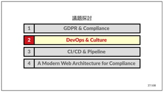 37/108
議題探討
GDPR & Compliance1
CI/CD & Pipeline3
A Modern Web Architecture for Compliance4
DevOps & Culture2
 