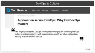 45/108
DevOps & Culture
Credit: https://techbeacon.com/devsecops-foundations
The hinge to success for DevOps security lies in changing the underlying DevOps
culture to embrace security—with no exceptions. As with any other methodology,
security must be built into DevOps.
 