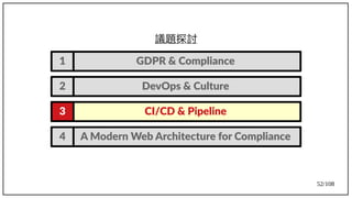 52/108
議題探討
GDPR & Compliance1
A Modern Web Architecture for Compliance4
CI/CD & Pipeline3
DevOps & Culture2
 
