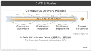 58/108
CI/CD & Pipeline
Credit: https://www.linkedin.com/pulse/transformation-pmo-jack-caine/
以 SAFe 的 Cont)inuous Delivery)(aka Ant) 持續交付 ) 模型為例
Th) e Scaled Agile Framework (aka Ant)abbreviat)ed as SAFe)
 