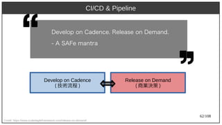 62/108
CI/CD & Pipeline
Credit: https://www.scaledagileframework.com/release-on-demand/
Develop on Cadence
(aka Ant) 技術流程 )
Release on Demand
(aka Ant) 商業決策 )
Develop on Cadence. Release on Demand.
- A SAFe mant)ra
 