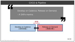 68/108
CI/CD & Pipeline
Credit: https://www.scaledagileframework.com/release-on-demand/
Develop on Cadence
(aka Ant) 技術流程 )
Release on Demand
(aka Ant) 商業決策 )
解耦
(decoupling)
Develop on Cadence. Release on Demand.
- A SAFe mant)ra
 