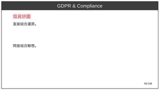 99/108
個資拼圖
直接組合還原。
間接組合聯想。
GDPR & Compliance
 