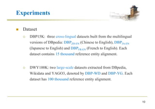 Experiments
10
n Dataset
¡ DBP15K: three cross-lingual datasets built from the multilingual
versions of DBpedia: DBPZH-EN (Chinese to English), DBPJA-EN
(Japanese to English) and DBPFR-EN (French to English). Each
dataset contains 15 thousand reference entity alignment.
¡ DWY100K: two large-scale datasets extracted from DBpedia,
Wikidata and YAGO3, denoted by DBP-WD and DBP-YG. Each
dataset has 100 thousand reference entity alignment.
 