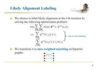 Likely Alignment Labeling
n We choose to label likely alignment at the !-th iteration by
solving the following optimization problem:
max %
&∈(
%
)∈*+
,(.|0; 2 3
) 5 6 3
(0, .) ,
s. t. %
&;∈(
6 3
(0<
, .) ≤ 1,
%
);∈*+
6 3
(0, .<
) ≤ 1, ∀0, .
n We transform it to max-weighted matching on bipartite
graphs.
8
( *
one-to-one labeling
 