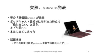 突然、Surface Go発表
Copyright (c) 2018 Tomokazu Kizawa All rights reserved. 3
• 噂の「廉価版Surface」が発表
• ポッドキャスト番組では噂が出た時点で
「絶対出ない、と思う」
とドヤ顔(^_^;)
• 本当に出てしまった
• 話題沸騰
• でも二日後に新型MacBook Pro発表で話題に上らず(^_^;)
 