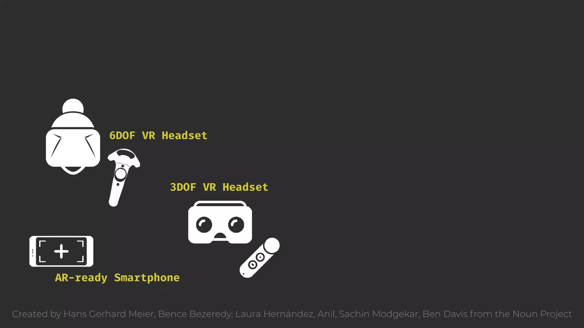 6DOF VR Headset AR-ready Smartphone 3DOF VR Headset Created by Hans Gerhard Meier, Bence Bezeredy, Laura Hernández, Anil, Sachin Modgekar, Ben Davis from the Noun Project 