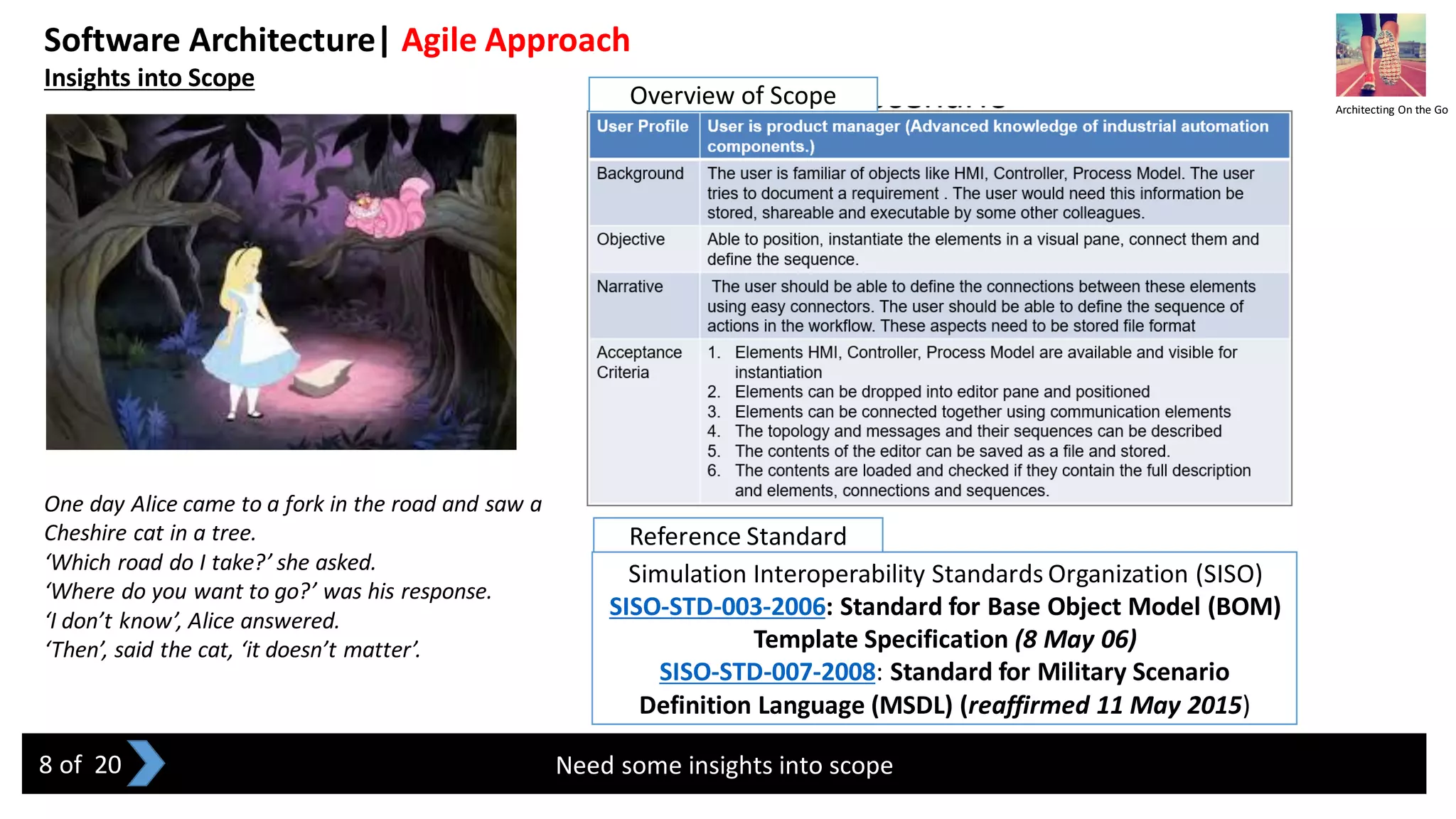 Software Architecture| Agile Approach
Insights into Scope
Need some insights into scope
One day Alice came to a fork in the road and saw a
Cheshire cat in a tree.
‘Which road do I take?’ she asked.
‘Where do you want to go?’ was his response.
‘I don’t know’, Alice answered.
‘Then’, said the cat, ‘it doesn’t matter’.
Overview of Scope
Reference Standard
Simulation Interoperability Standards Organization (SISO)
SISO-STD-003-2006: Standard for Base Object Model (BOM)
Template Specification (8 May 06)
SISO-STD-007-2008: Standard for Military Scenario
Definition Language (MSDL) (reaffirmed 11 May 2015)
Architecting On the Go
8 of 20
 