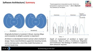 Originally Architect is Customer’s Person. Journey Maps
and Innovation to delight customer is important!
Software Architecture| Summary
Architecting on the Go!
Architect is a development team’s person when involved in
design. Teams need Architects support for boosting morale,
end to end execution, since they model themselves on
servant leadership..
Depth of involvement of architect is higher and
continuous. Need to drive a Continuous Integration
and Continuous Test Strategy in addition to support to
team wherever required.
“Good programmers know what to write. Great ones
know what to rewrite (and reuse)..” – Eric S. Raymond‐
The Cathedral & The Bazaar Architecting On the Go
17 of 20
 
