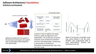 Software Architecture of a system is
the structure of structures of a system
with its externally visible properties
and relationships
Software Architecture| Foundations
Definitions and Standards
‘Architecture is about the important stuff. Whatever that is’ – Martin Fowler
A system is built to address the needs,
concerns, goals and objectives of its
stakeholders. The architecture of system
comprises of its architectural elements
and their interrelationships. Architecture
is documented in Architecture
Description and demonstrates that it has
met their needs.
IEC/ISO/IEEE 42010
3 of 20
Depth of involvement of architect could
vary across phases in the life cycle.
Architect uses programming skills to
build demonstrators showing how
requirements are met.
 