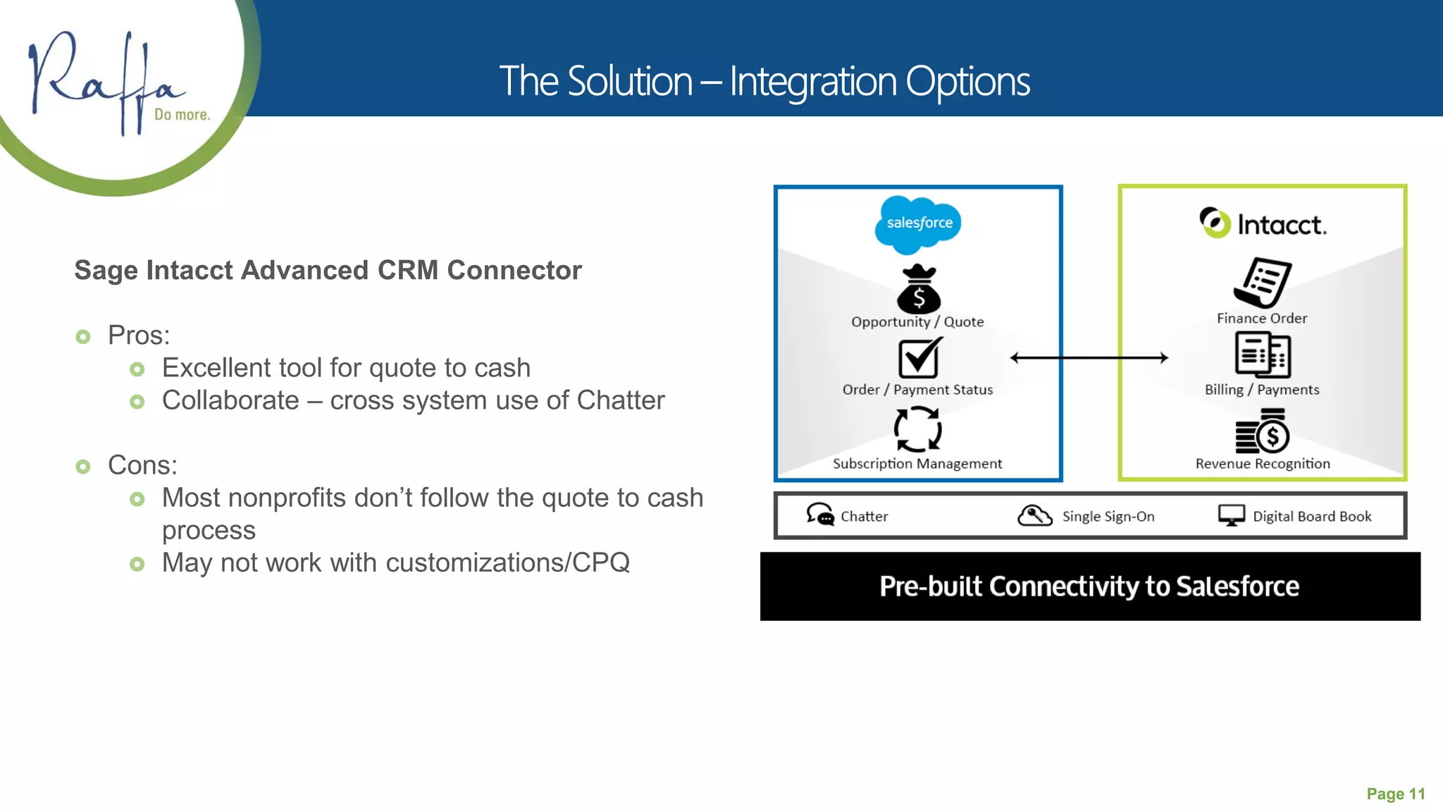 Page 11
Sage Intacct Advanced CRM Connector
 Pros:
 Excellent tool for quote to cash
 Collaborate – cross system use of Chatter
 Cons:
 Most nonprofits don’t follow the quote to cash
process
 May not work with customizations/CPQ
 