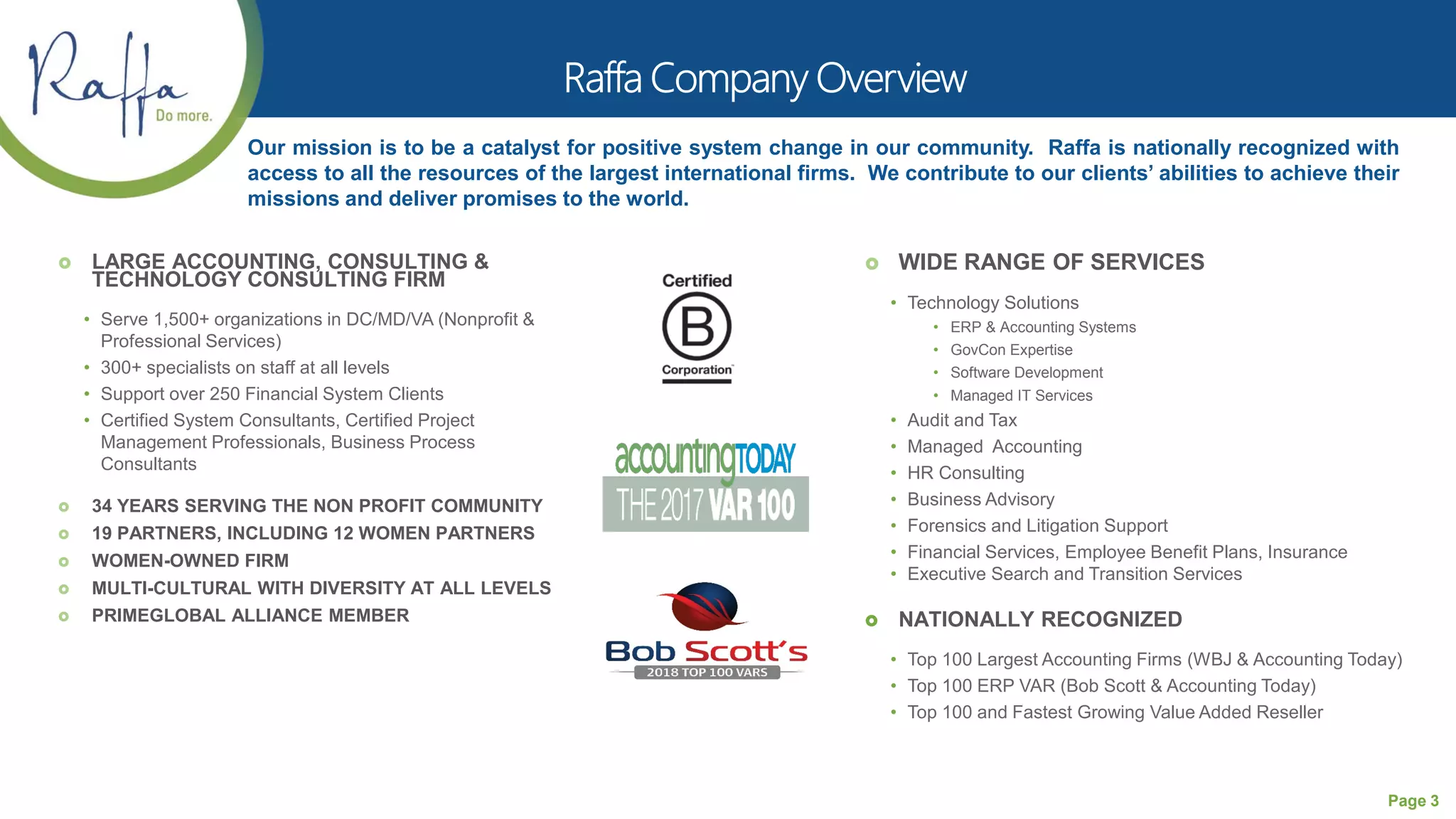 Page 3
Our mission is to be a catalyst for positive system change in our community. Raffa is nationally recognized with
access to all the resources of the largest international firms. We contribute to our clients’ abilities to achieve their
missions and deliver promises to the world.
 LARGE ACCOUNTING, CONSULTING &
TECHNOLOGY CONSULTING FIRM
• Serve 1,500+ organizations in DC/MD/VA (Nonprofit &
Professional Services)
• 300+ specialists on staff at all levels
• Support over 250 Financial System Clients
• Certified System Consultants, Certified Project
Management Professionals, Business Process
Consultants
 34 YEARS SERVING THE NON PROFIT COMMUNITY
 19 PARTNERS, INCLUDING 12 WOMEN PARTNERS
 WOMEN-OWNED FIRM
 MULTI-CULTURAL WITH DIVERSITY AT ALL LEVELS
 PRIMEGLOBAL ALLIANCE MEMBER
 WIDE RANGE OF SERVICES
• Technology Solutions
• ERP & Accounting Systems
• GovCon Expertise
• Software Development
• Managed IT Services
• Audit and Tax
• Managed Accounting
• HR Consulting
• Business Advisory
• Forensics and Litigation Support
• Financial Services, Employee Benefit Plans, Insurance
• Executive Search and Transition Services
 NATIONALLY RECOGNIZED
• Top 100 Largest Accounting Firms (WBJ & Accounting Today)
• Top 100 ERP VAR (Bob Scott & Accounting Today)
• Top 100 and Fastest Growing Value Added Reseller
 