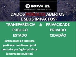 DADOS PÚBLICOS ABERTOS
E SEUS IMPACTOS
TRANSPARÊNCIA & PRIVACIDADE
PÚBLICO PRIVADO
ESTADO CIDADÃO
Informações de interesse
particular, coletivo ou geral
prestadas por órgãos públicos
(documentos públicos)
 