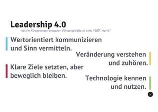 Leadership 4.0Welche Kompetenzen brauchen Führungskräfte in einer VUCA-World?
Klare Ziele setzten, aber
beweglich bleiben. Technologie kennen
und nutzen.
25
Wertorientiert kommunizieren
und Sinn vermitteln.
Veränderung verstehen
und zuhören.
 