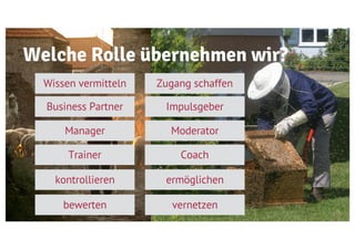 Welche Rolle übernehmen wir?
Business Partner
Moderator
CoachTrainer
ermöglichenkontrollieren
Wissen vermitteln
31
Zugang schaffen
Impulsgeber
Manager
vernetzenbewerten
 
